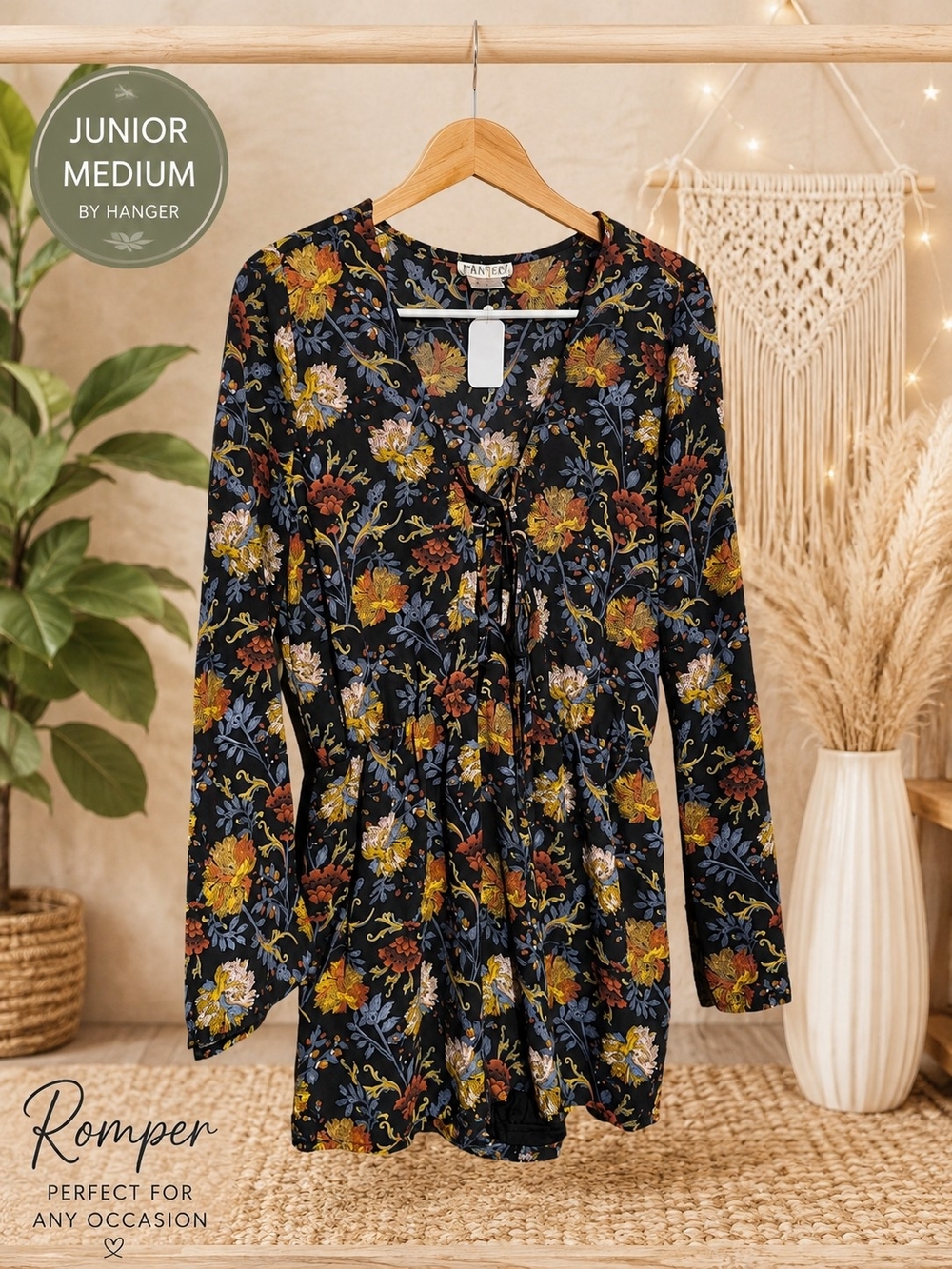 Junior Medium Floral Romper - Black with Mustard & Rust Floral Print